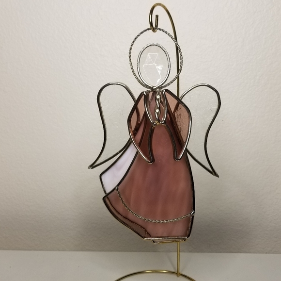 Stained Glass Angel Suncatcher Signed Pink White Christmas‎ Angel 9"Hx6"W - Picture 4 of 11